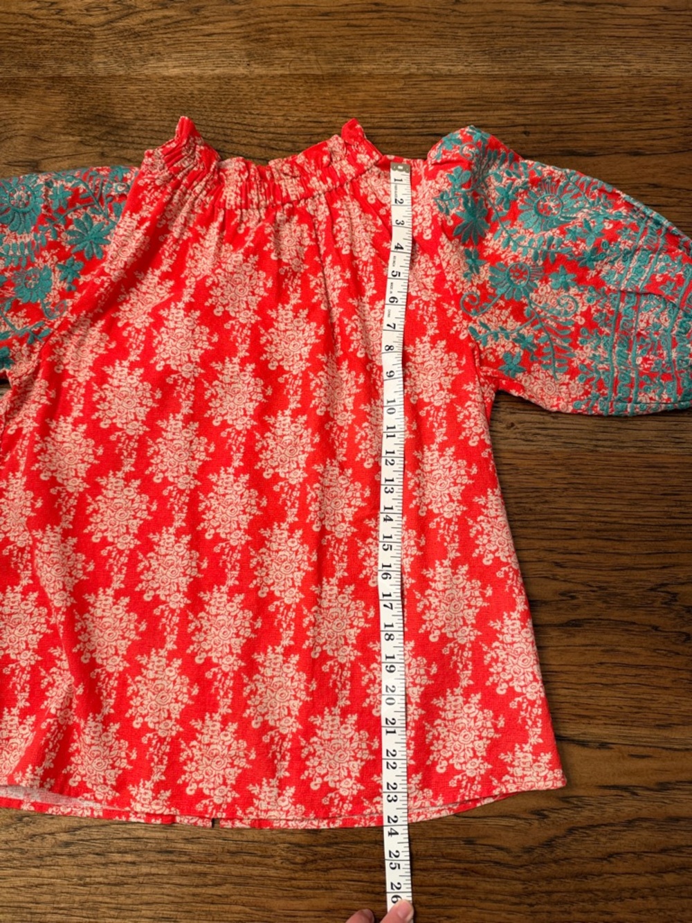 THML Embroidered Puff Sleeve Blouse Medium Coral Turquoise Boho Cotton - Picture 12 of 12